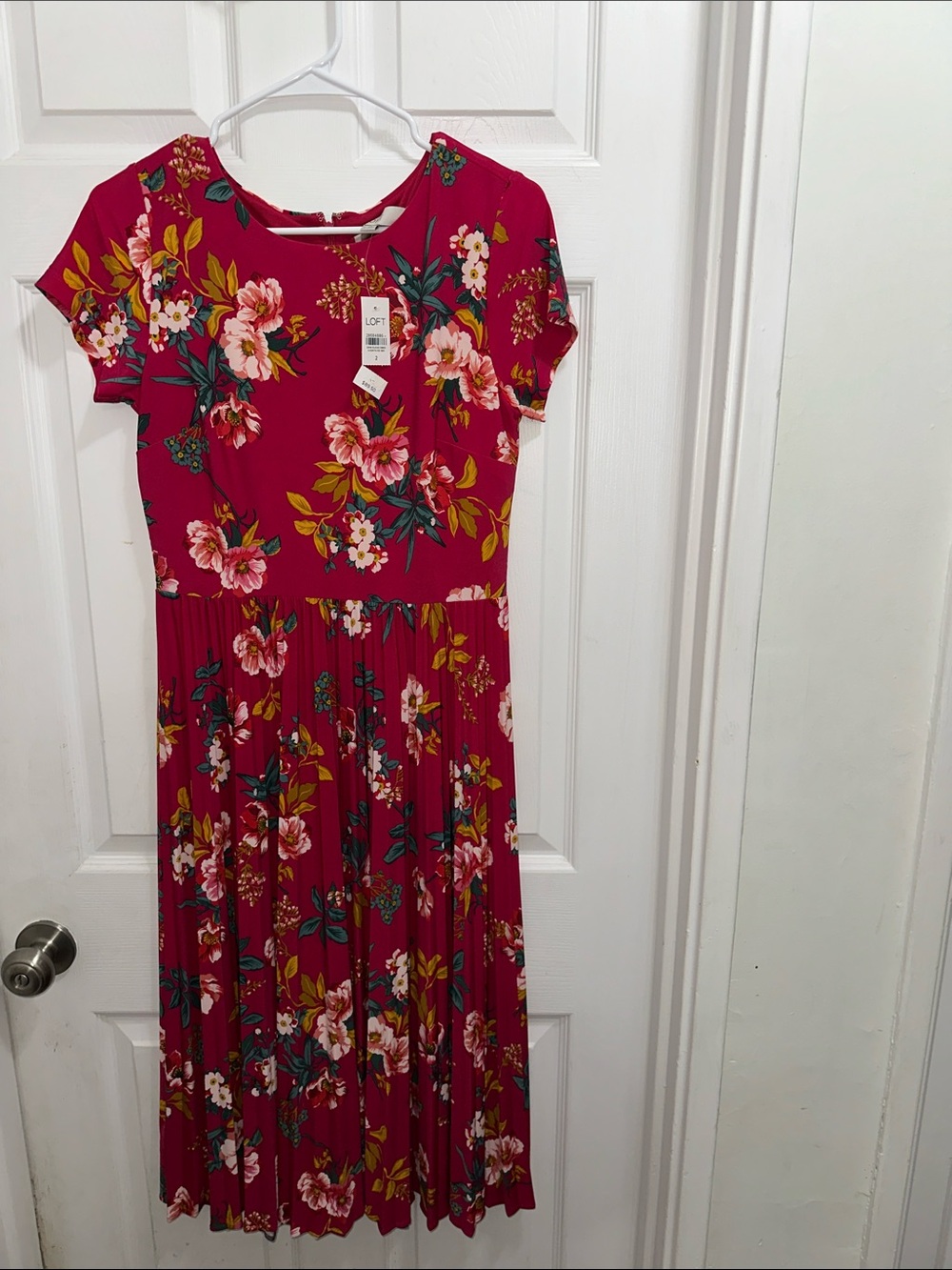 LOFT Raspberry Floral Pleated Midi Dress